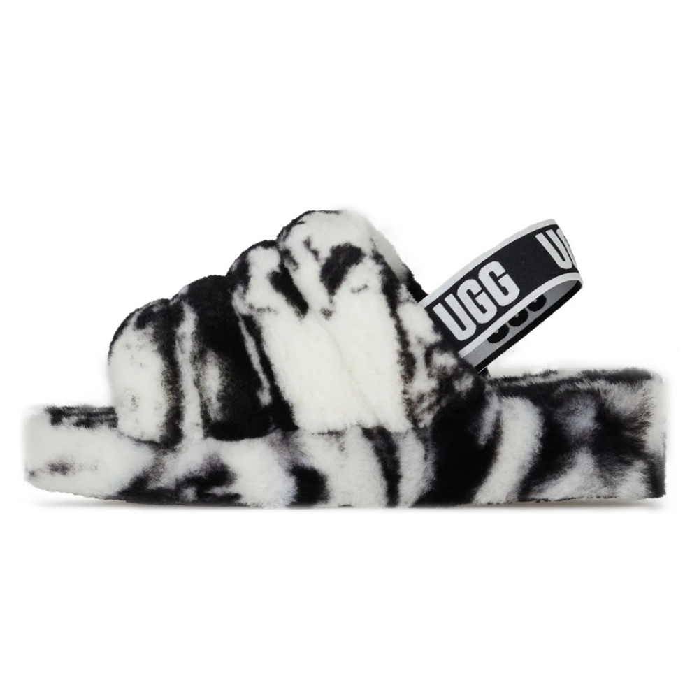 😍 NIB UGG Fluff Yeah B&W Marble Slide with Logo Strap